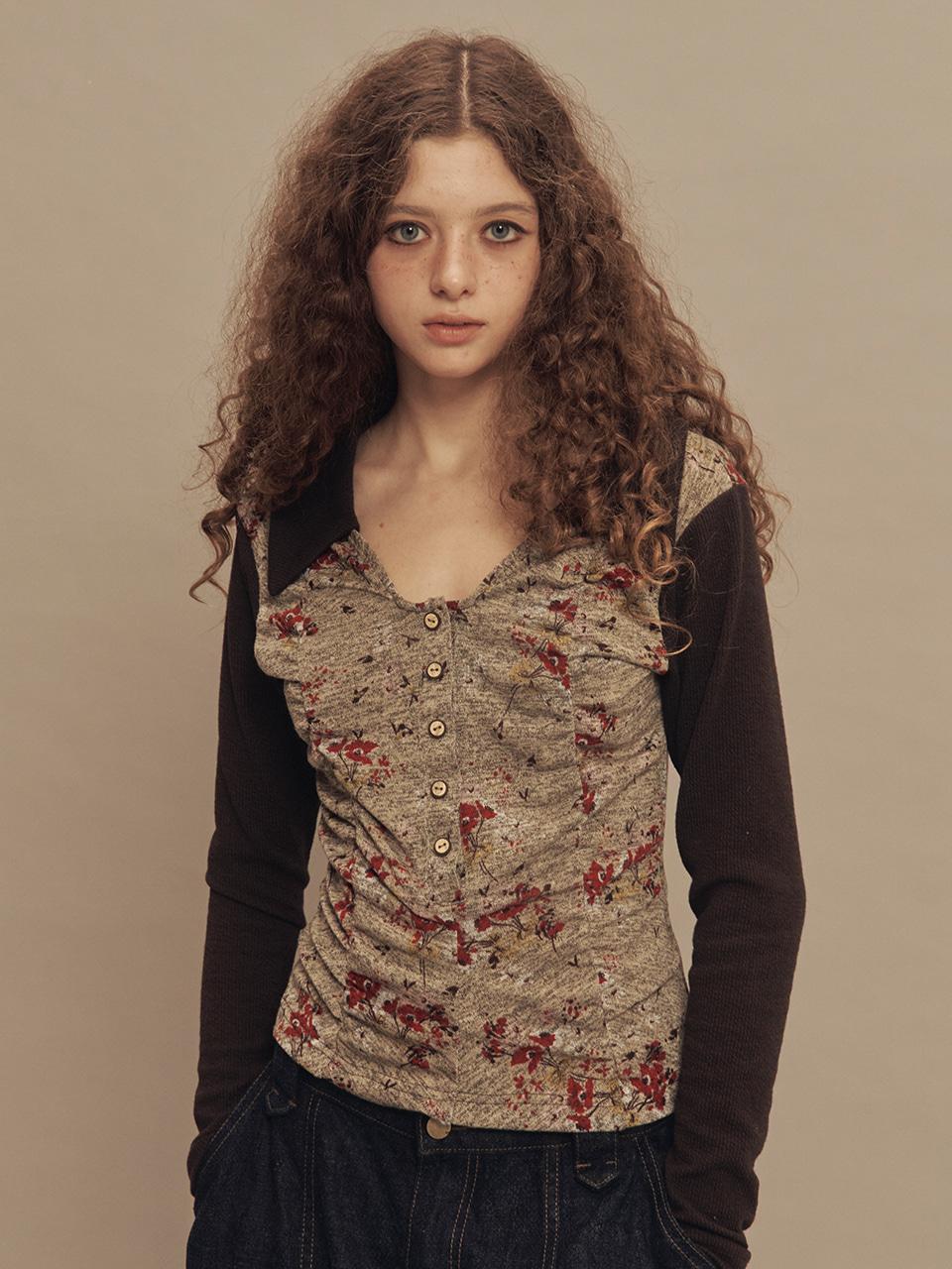 VINTAGE FLORAL COLLAR SHIRRING TOP