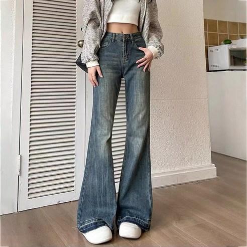 POMTOR 청바지 여자청바지 오버핏 데일리 하이웨스트 부츠컷 데님팬츠, 진청, 2XL