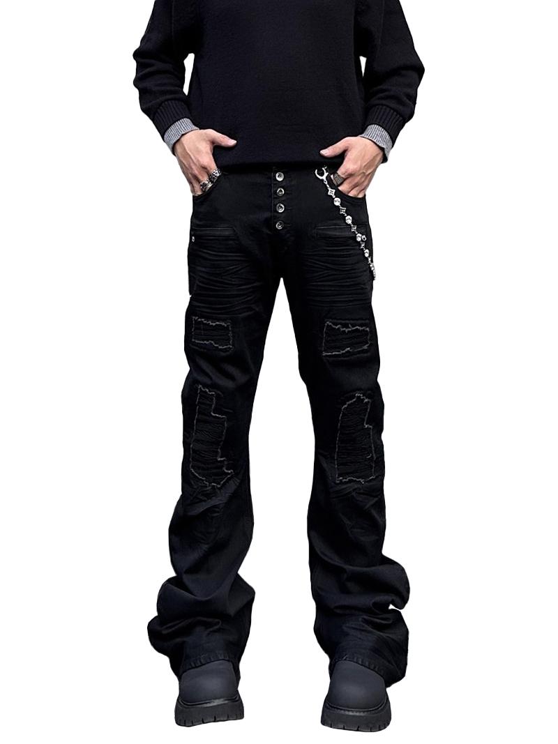 Damage Patchwork Black Flared Denim Pants