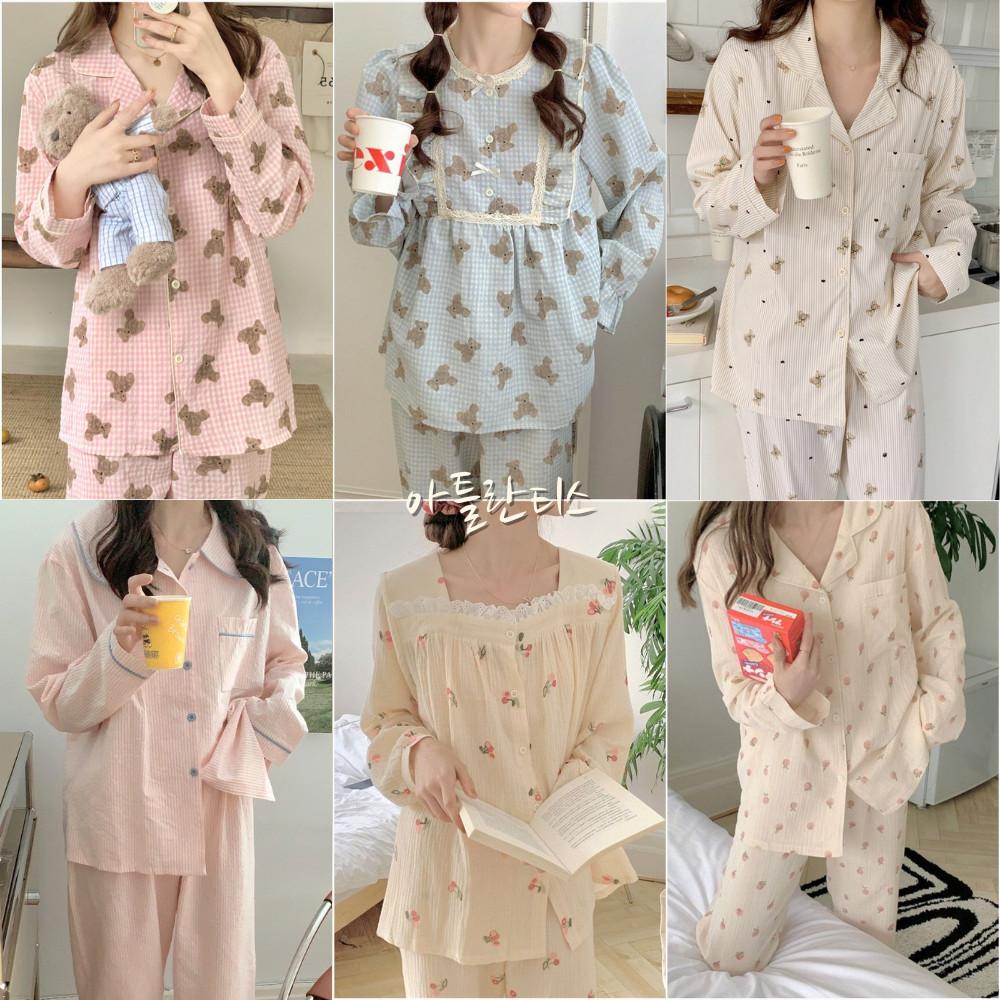 체리 곰돌이 체크 순면 여자 수면 가을잠옷 세트 파자마