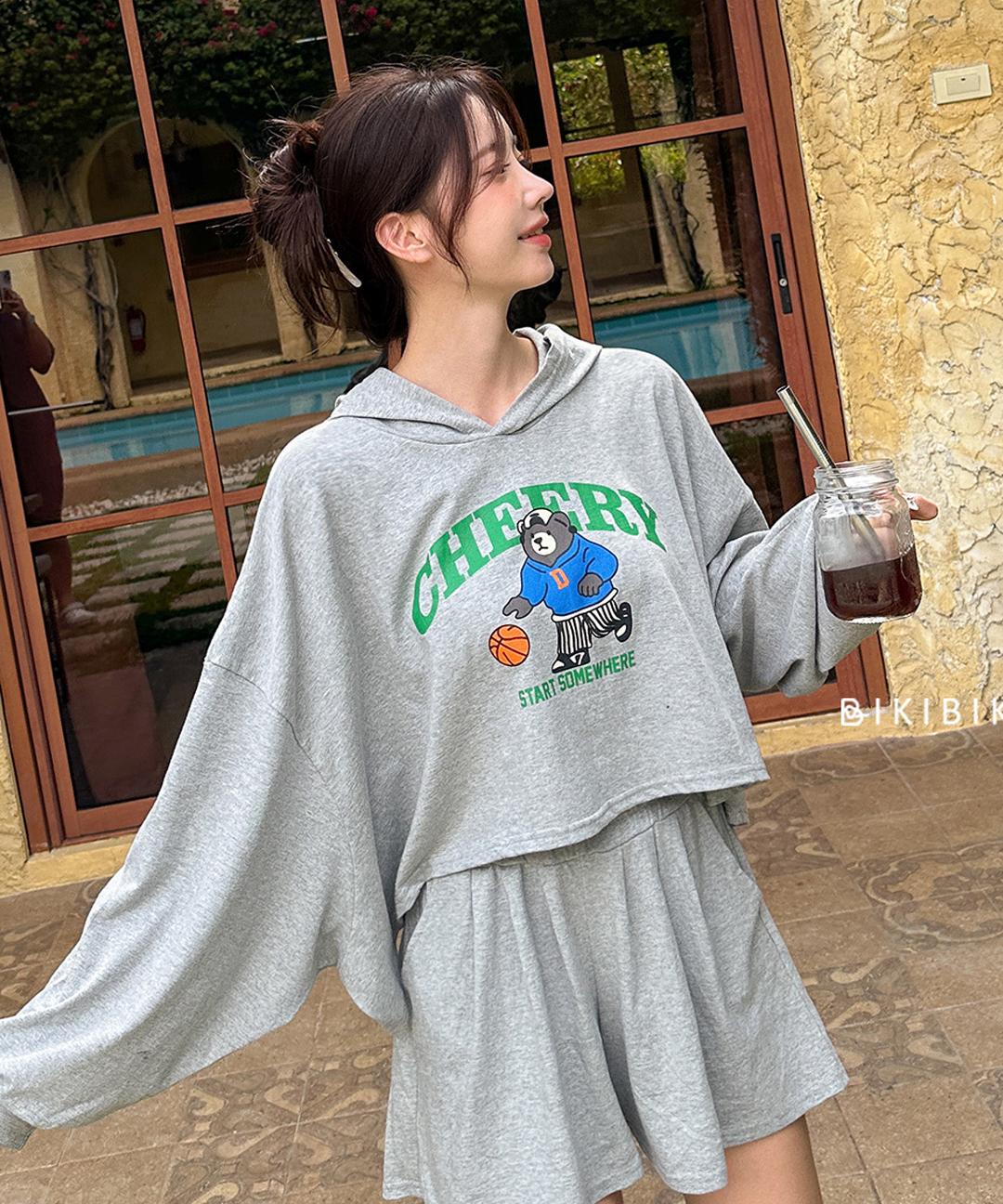 비키비키 [상하SET] 베어볼 후드 + 팬츠 세트 비치 데일리 크롭