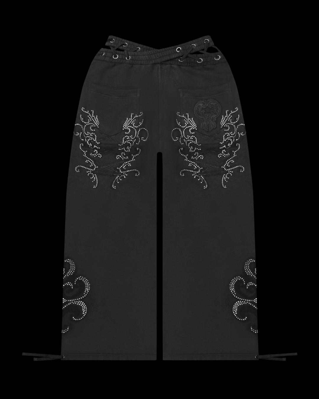 VENDETTA LACE UP OVERSIZED SWEATPANTS BLACK VINTAGE WASH - XS