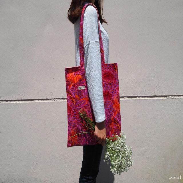 [컴인제이]  핑크리브에코백 핑크색에코백 분홍색에코백 패턴에코백 수입원단에코백 유니크한에코백 핸드메이드에코백 에코백