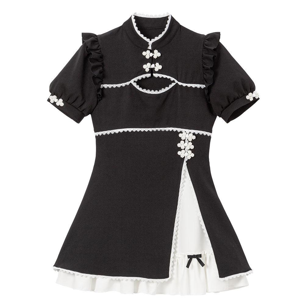 【予約　6/13発送】チャイナ釦スリットワンピース - ブラック / M