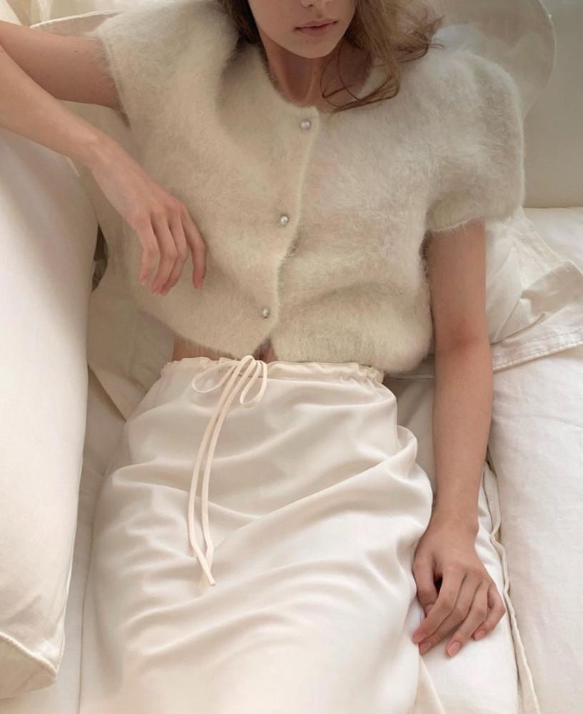 [아이 그레이 당일배송] riette 리에뜨 펄 알파카 퍼프 크롭 반팔 니트 진주 가디건 생일룩 데이트룩 이너프