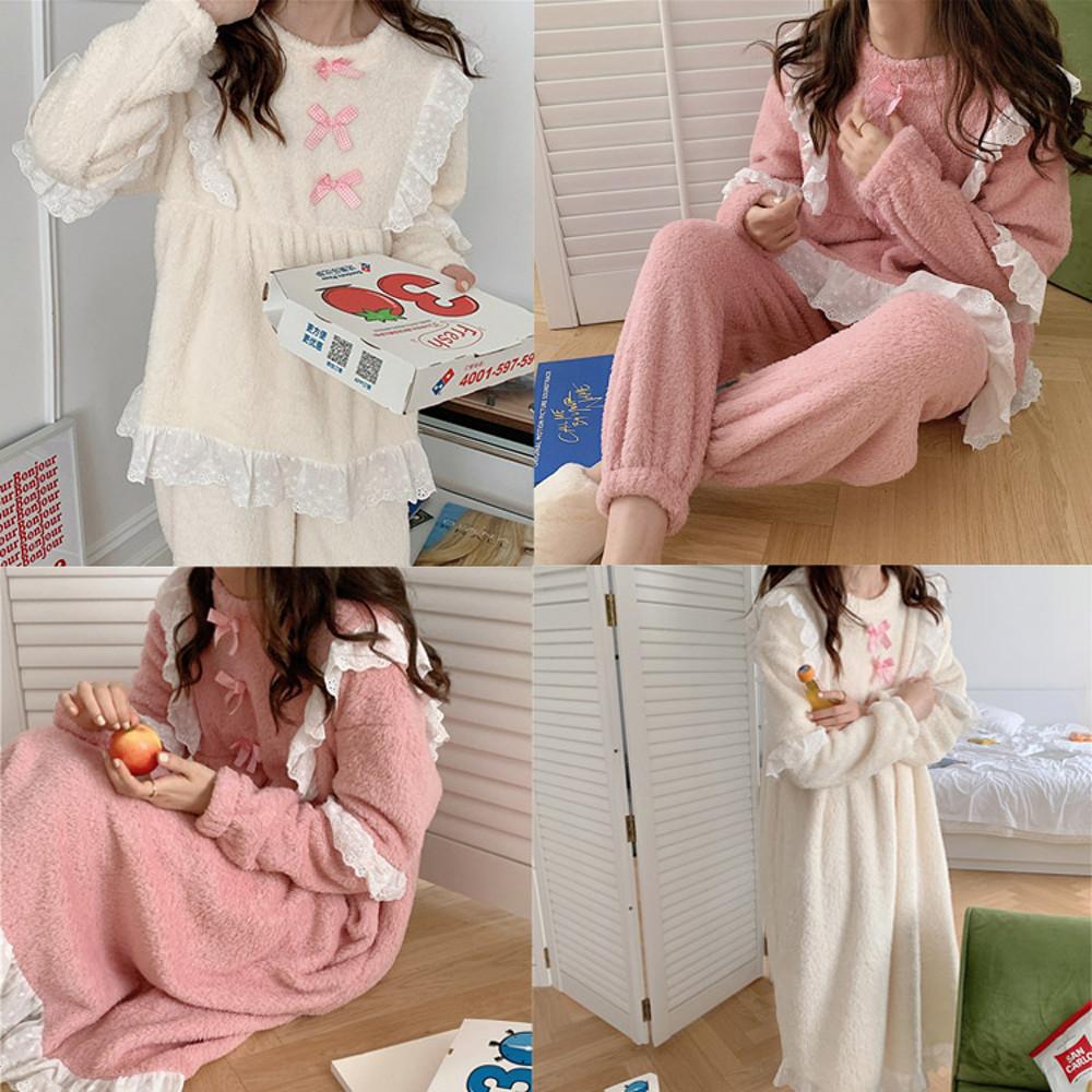 [원피스/ 상하세트] 리본 극세사 수면잠옷 잠옷세트 원피스잠옷