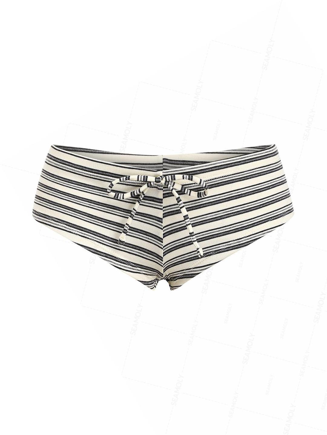 Seamolly Striped Ribbed Bowknot Bikini Bottom Cheeky Swim Boyshorts