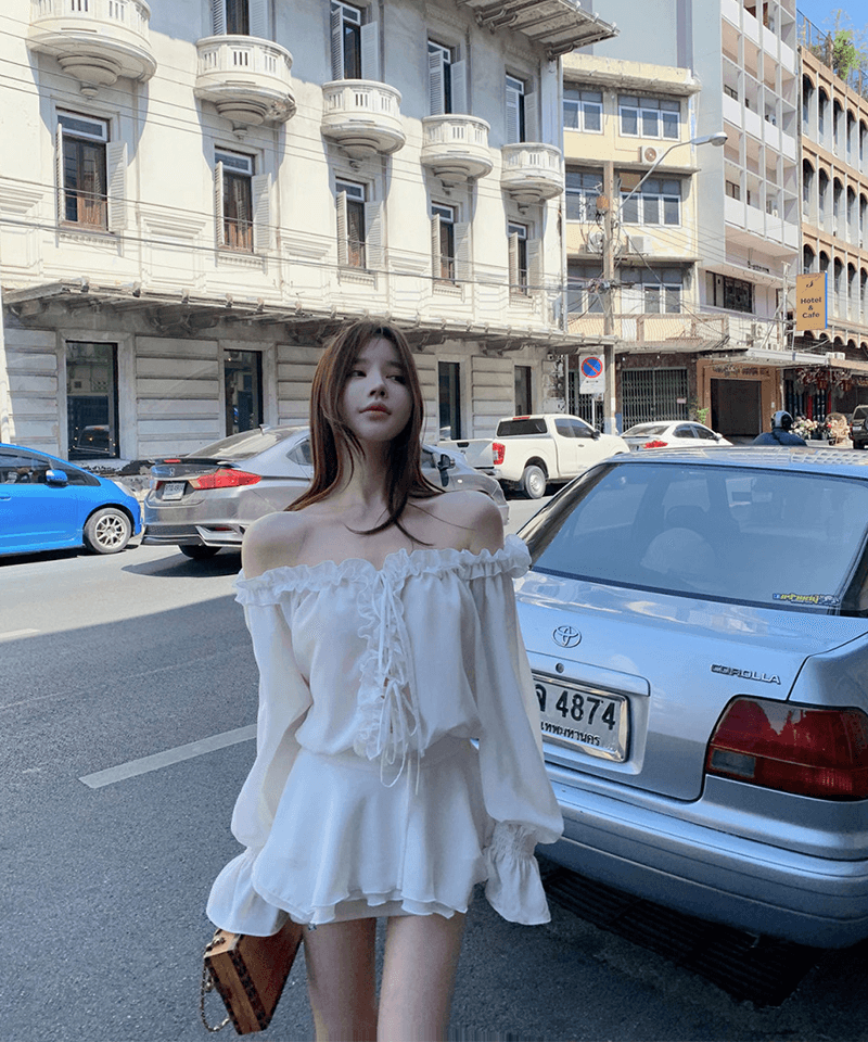 셔링플라워 오프숄더 미니원피스