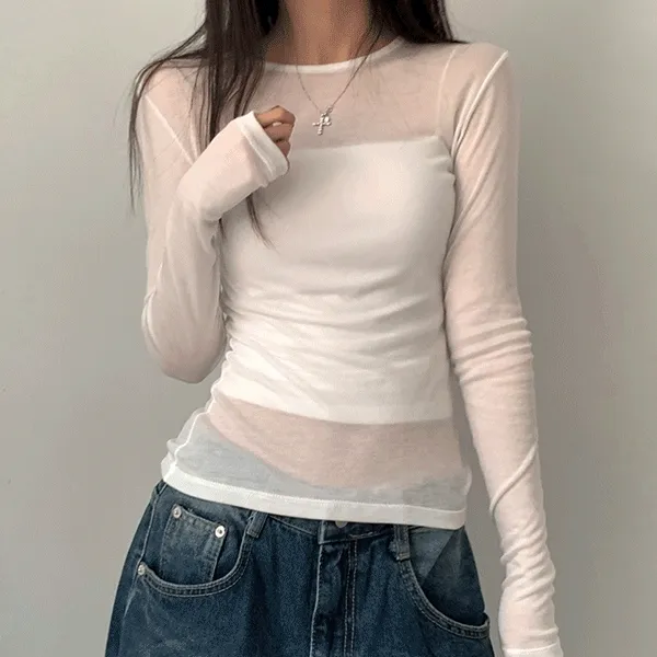 [텐셀100/기모추가] 보들보들 레이어드 랍빠 라운드 시스루 루즈 이너 긴팔티셔츠