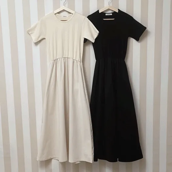 [~77]피치'◡'기모 레이어드 밴딩 플레어 롱 반팔 원피스 (티랑붙은 신축성 좋은 반팔 롱원피스 만삭 임산부 등원복 임부복)