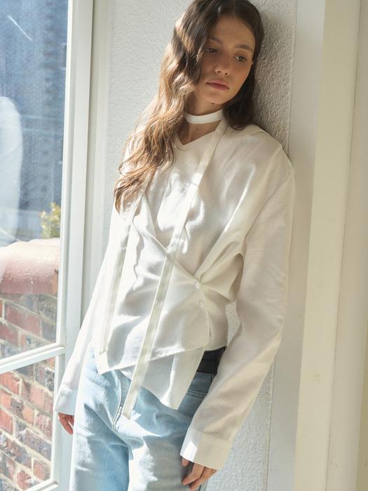 드레이프 언발 타이 블라우스 아이보리AD680