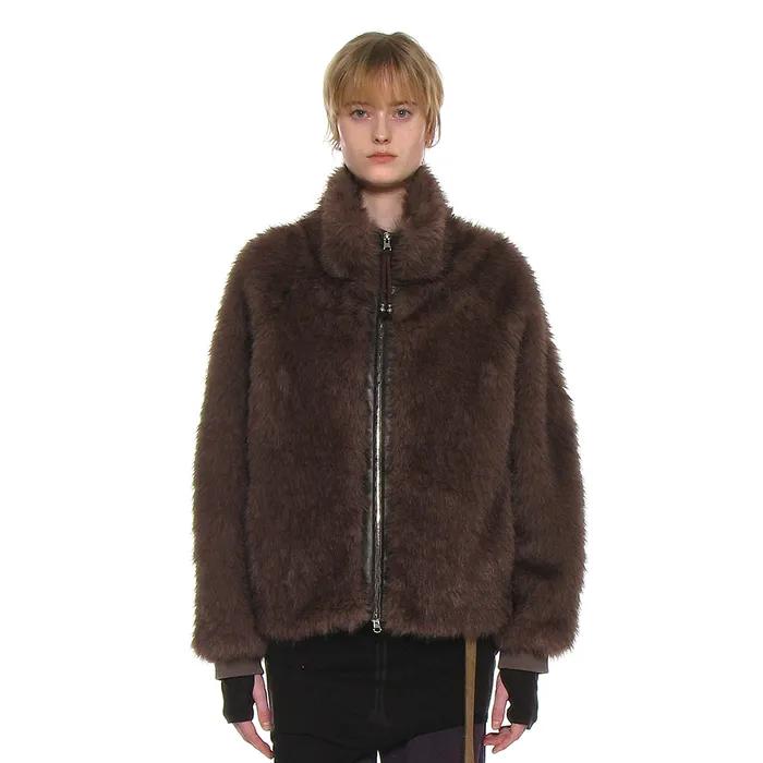 HIGH NECK FUR ZIP-UP JACKET_MOCHA GREY
