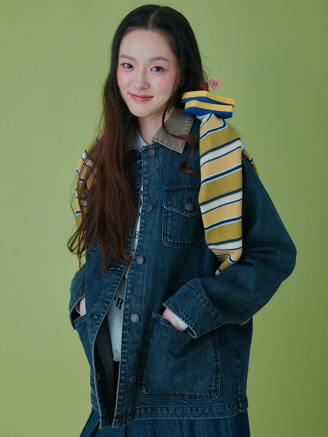 배색칼라 데님 초어자켓 - 네이비