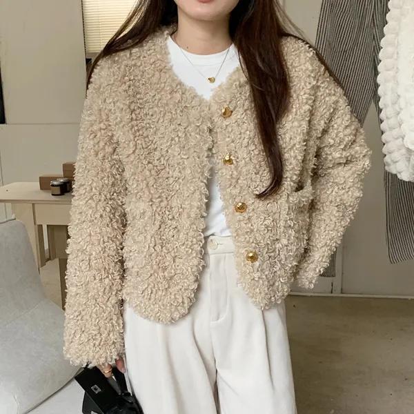 우아한트렌디 노카라 골드버튼 뽀글이 양털 자켓