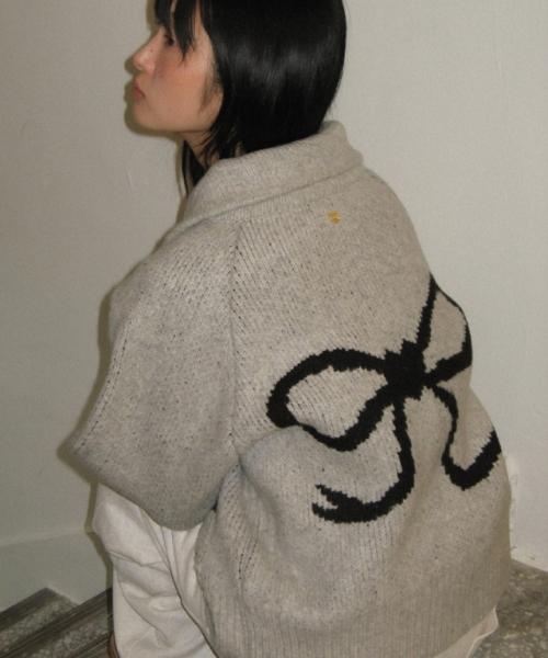 BACK HEART RIBBON COWICHAN KNIT ZIP UP GREY