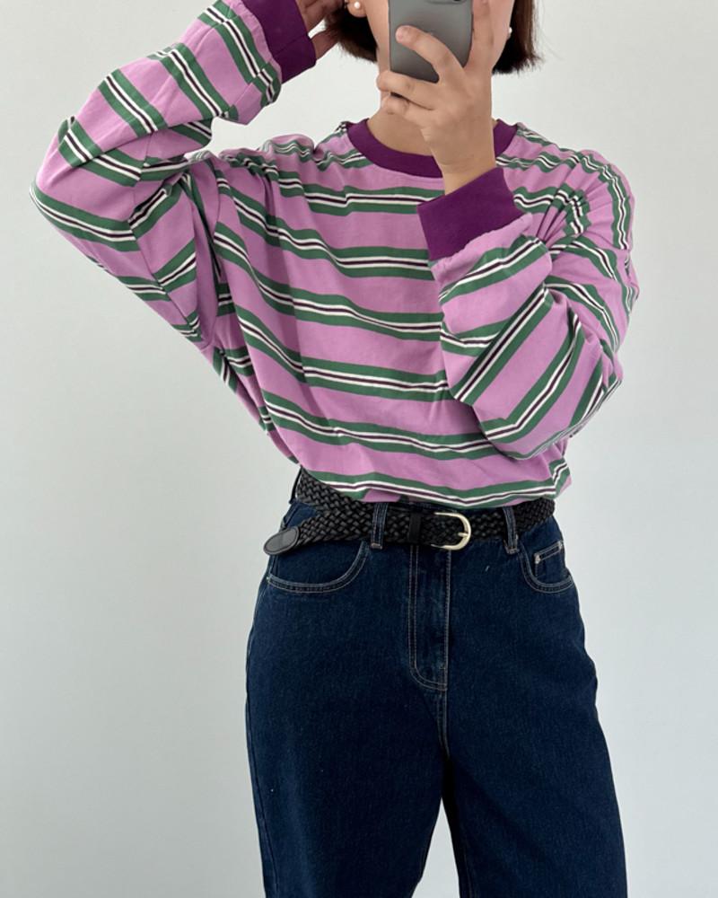 오버핏 배색 스트라이프 긴팔 티셔츠 단가라 보라 먹색 아이보리