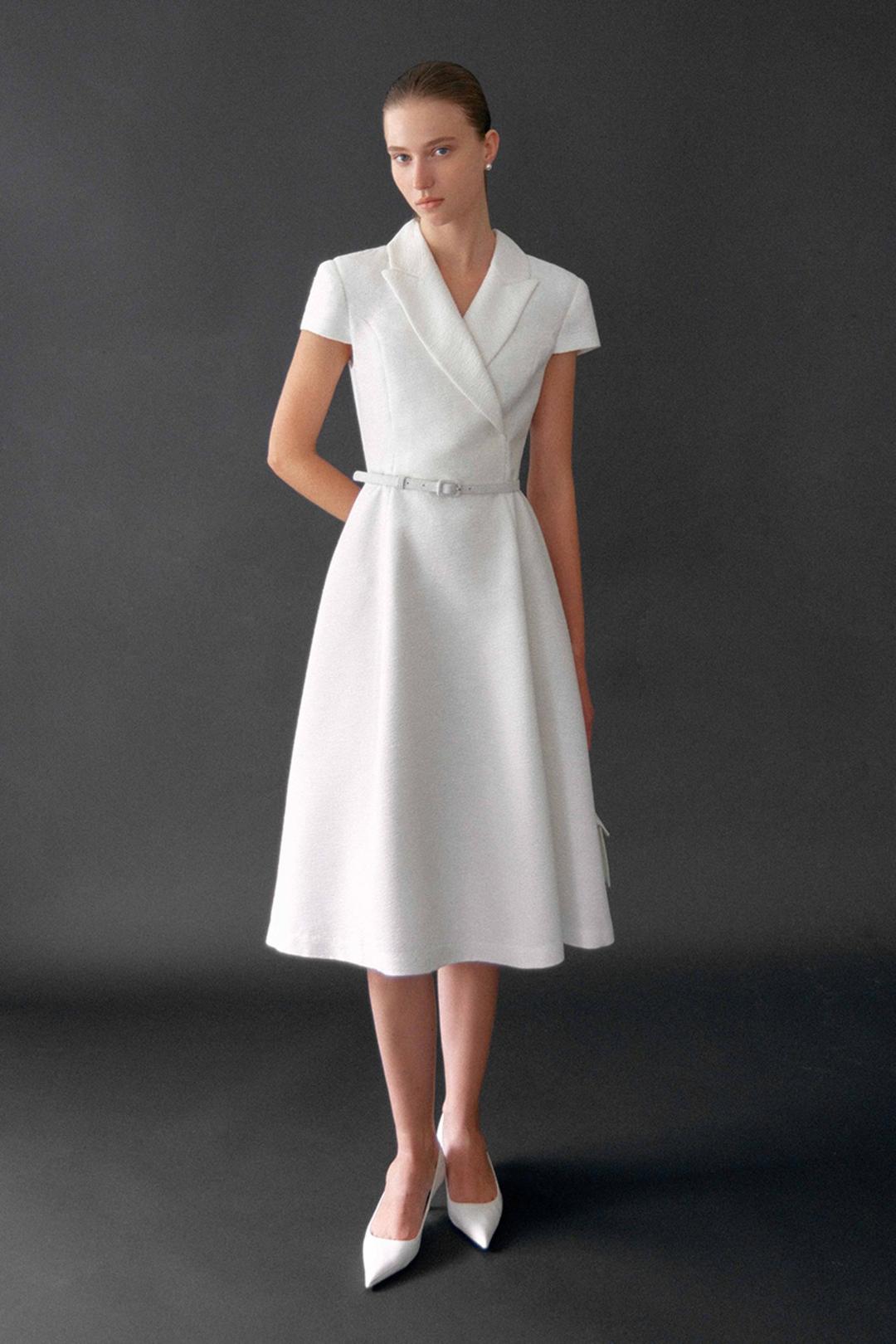 VERONICA Peaked collar capsleeve flared midi tweed dress (Ivory)