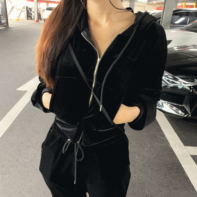 국산 고퀄 벨벳세트 크롭후드집업 트레이닝 팬츠 세트