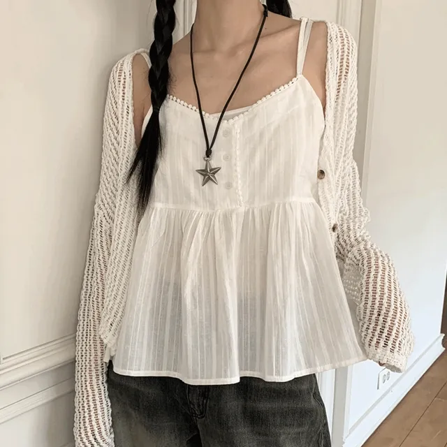 [5천장 판매] 커빙 빈티지 브이넥 단추 레이스 끈 조절 나시 슬리브리스