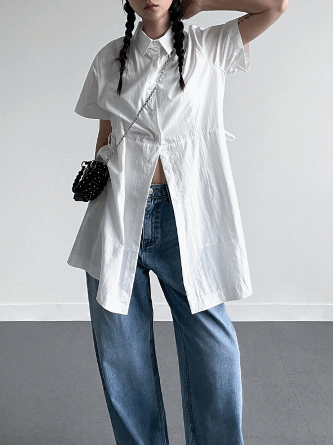 미닛 스트링 하프 롱 셔츠 원피스