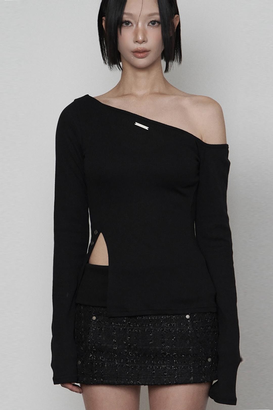 One-shoulder Basic Slit Long Sleeve (BLACK)