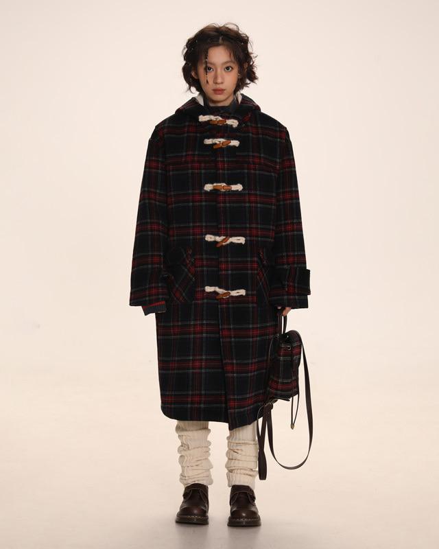 MROMRO 울 블랜드 체크 더플코트 (레드-네이비)