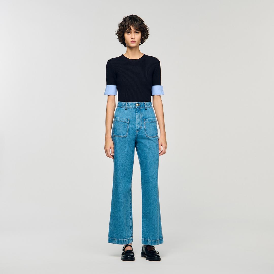 배색 셔츠 커프 니트 탑