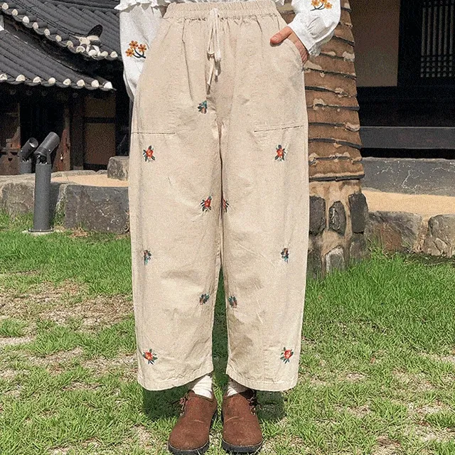(빅사이즈) 도담 플라워 배기 팬츠 밴딩 와이드 통바지