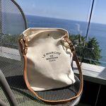 [파우치증정] 가죽스트랩 레터링 캔버스백(2color)_미우블랑