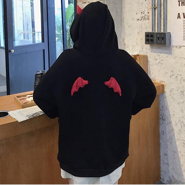 Harajuku Yami Kawaii Fashion Devil Horns Wings Black Hoodie - black / L