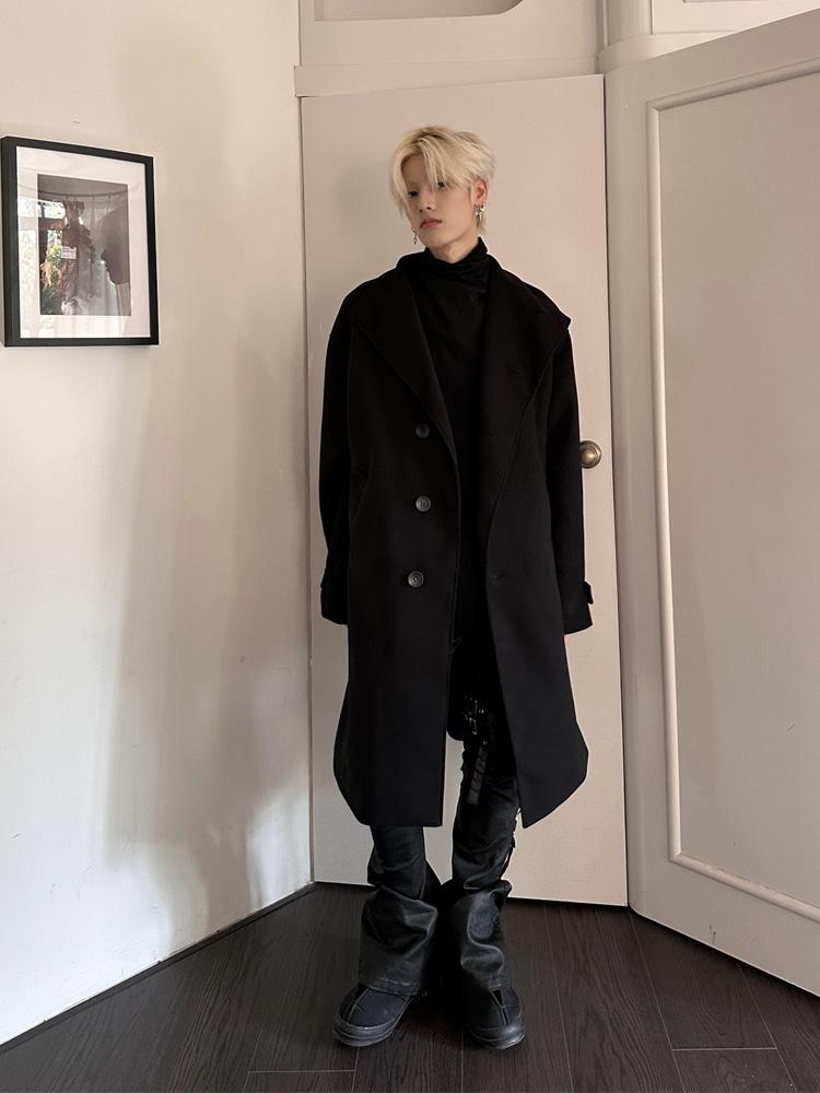 FromTheisland Solid color stand-collar long wool coat