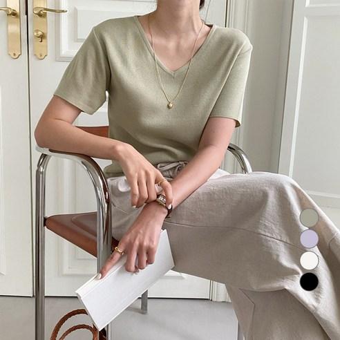 무드인더 여성용 심플 무지 브이넥 반팔 니트 - 스웨터/니트 | 쿠팡