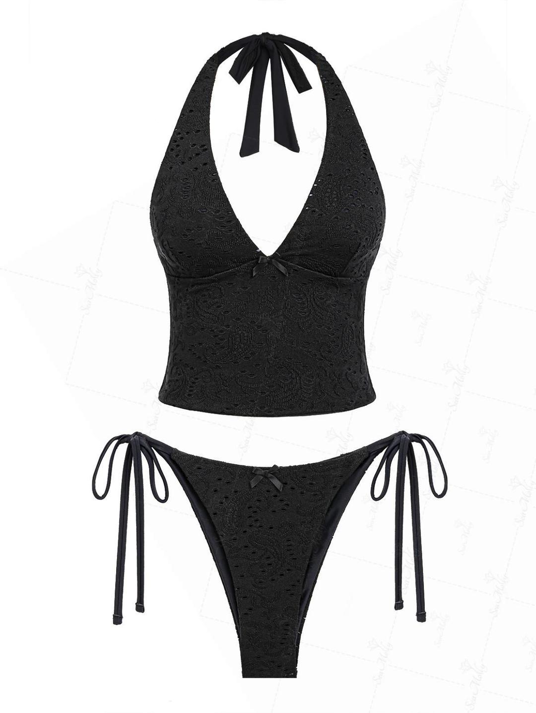 Seamolly Vintage Eyelet Jacquard Textured Bowknot Decor Halter Tie Side Tankini Set