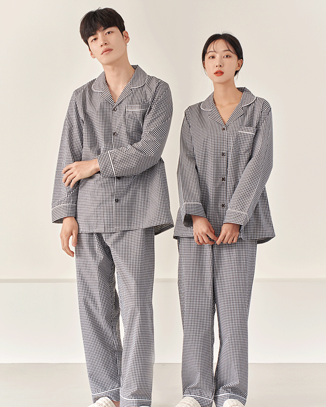 [자체제작/2만장주문돌파/신혼부부선물추천]커플 잠옷 파자마 홈웨어 선물 집들이 수면 체크 면 긴팔 세트 ANPA02