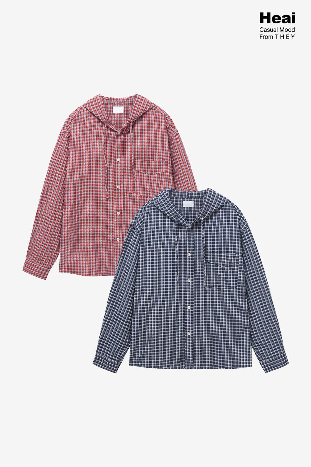 [Heai] 체크 후드 셔츠 자켓 (단추)