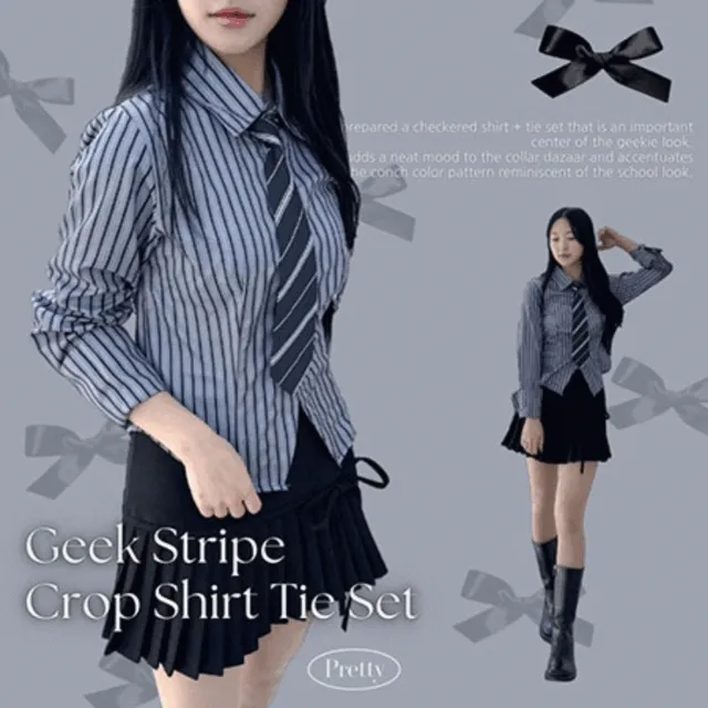 봄신상 [넥타이SET] 긱시크👔 스트라이프 크롭 셔츠 남방 타이세트 - one color