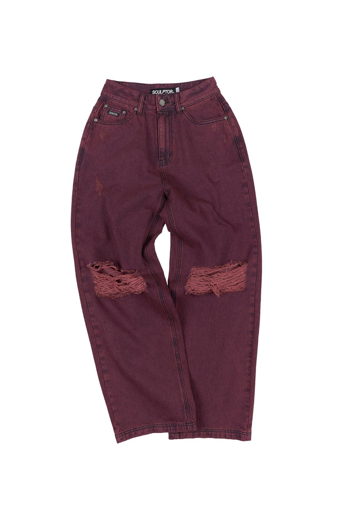 Destroyed Garment Dyeing Denim Pants Red