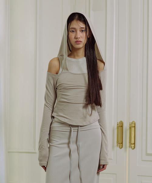 OFF-SHOULDER HOODED LONG SLEEVE T-SHIRT, BEIGE