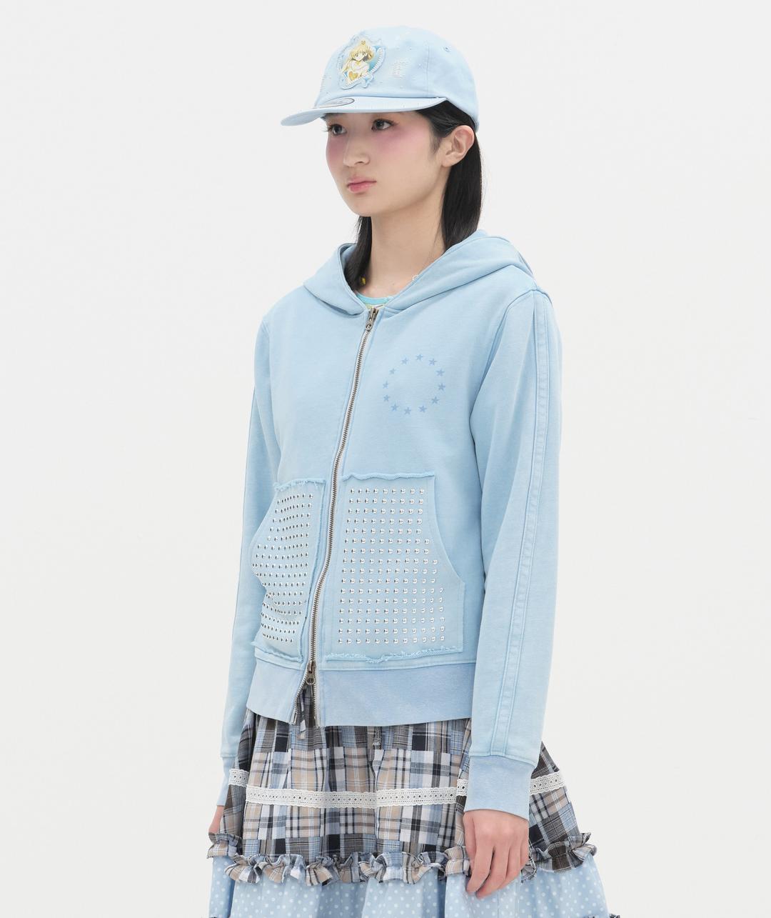 [2/13 예약발송] Washed Rhinestone Zip Hoodie [Blue]