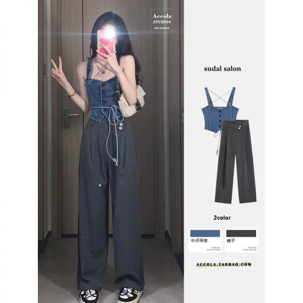 데님 크롭티 티셔츠 페스티벌룩 언더붑 워터밤 여름신상 스트랩 블랙핑크 슬림 휴양지 카리나