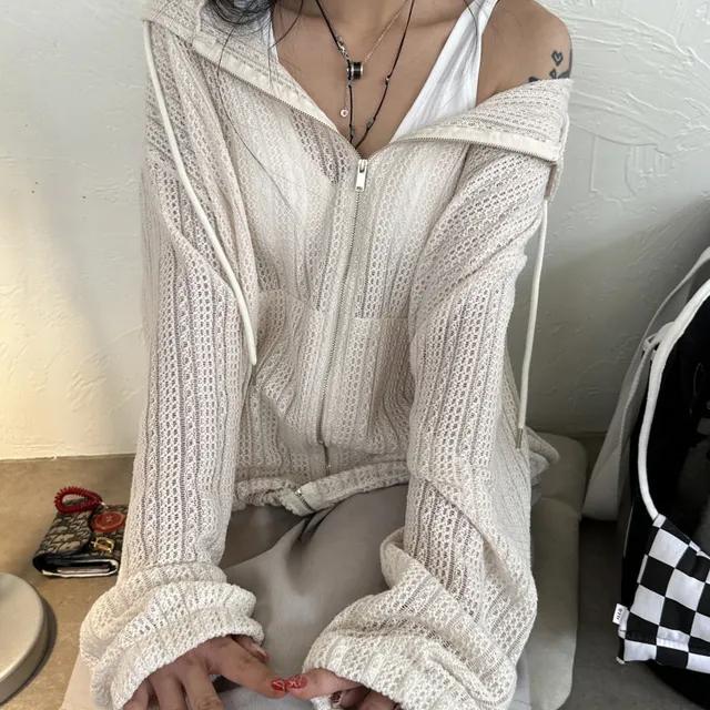 [UNISEX]더 매쉬 스카시 시스루 펀칭 니트 후드 집업(cream,sora/3-5일 여유주문)