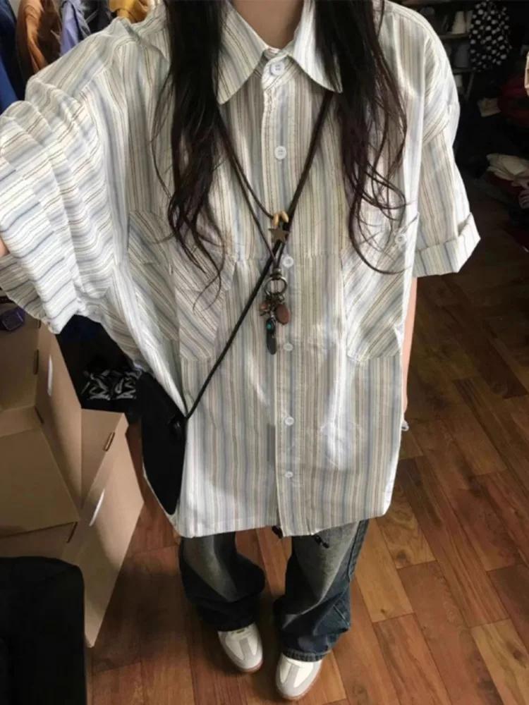 일본 빈티지 블루 스트라이프 여성 셔츠, 라펠 넥 루즈 블라우스, Y2k 전자 소녀 반팔 블라우스, 2024 여름 신상