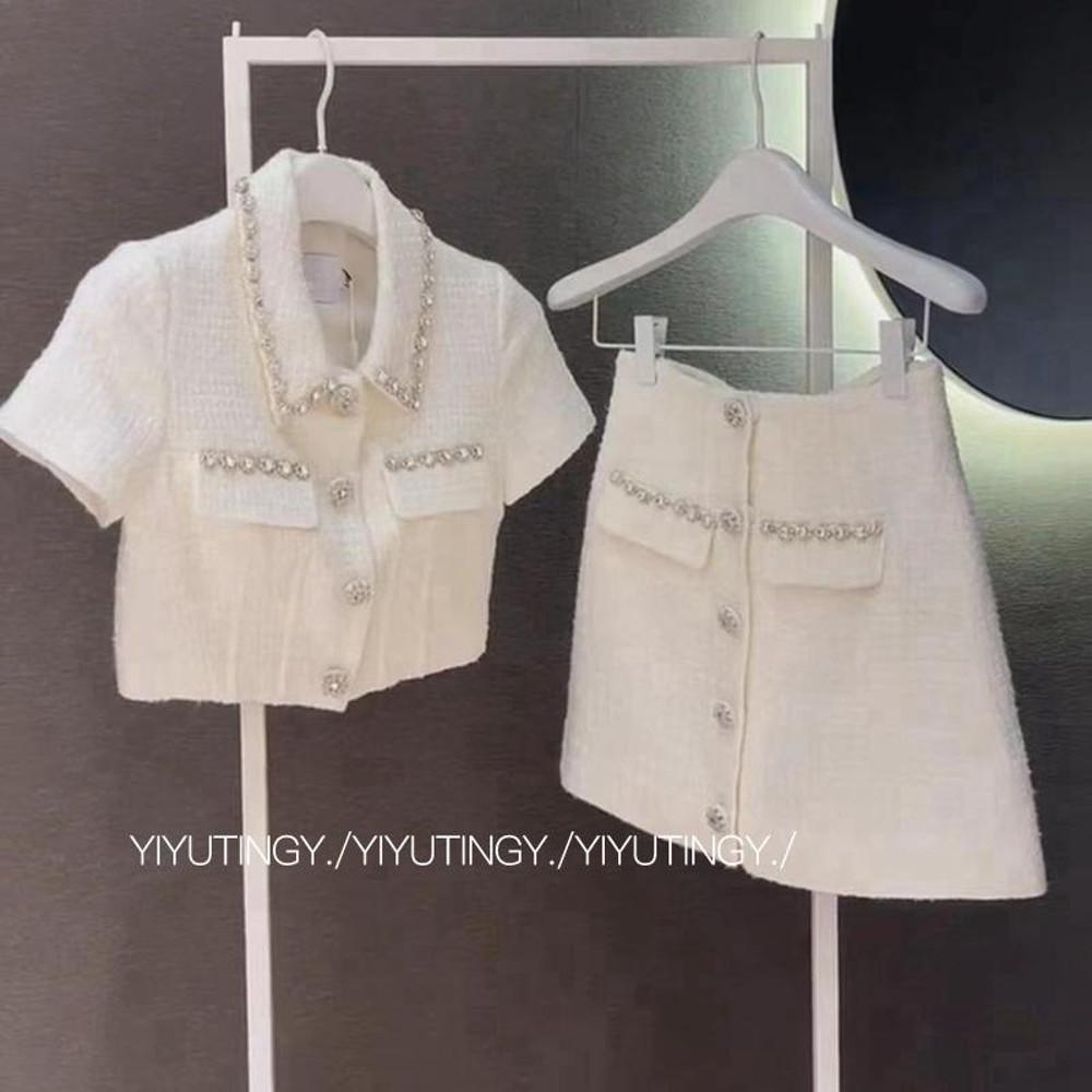 프랑스 아이보리 화이트 큐빅 보석 비즈 럭셔리 숏 자켓 스커트 세트
