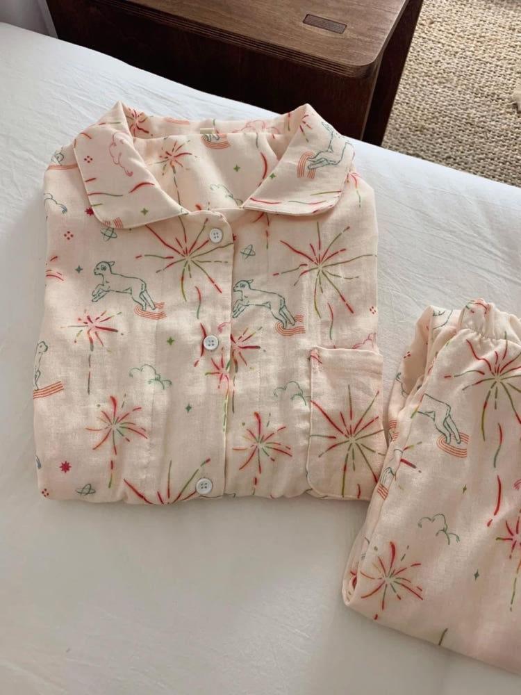 수심 Hanabi Homewear 하나비 불꽃놀이 잠옷 귀여운 파자마 세트 간절기 핑크