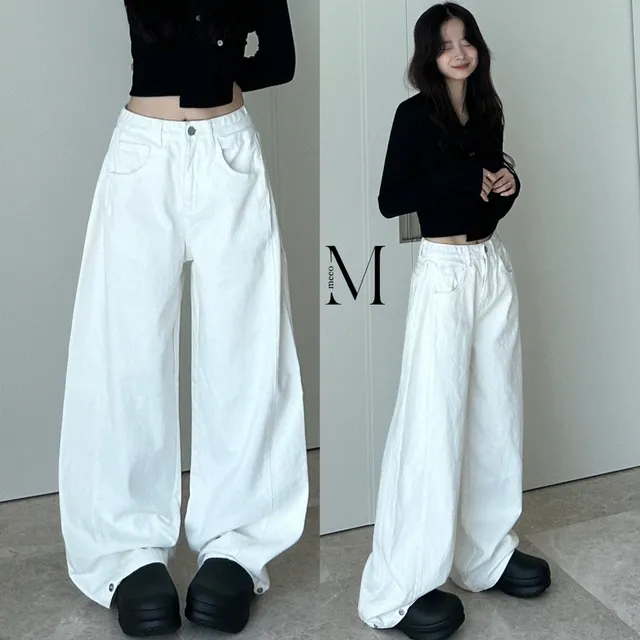 미오-FW신상 코튼 사이드 폴딩 핀턱 밑단 버튼 와이드 팬츠