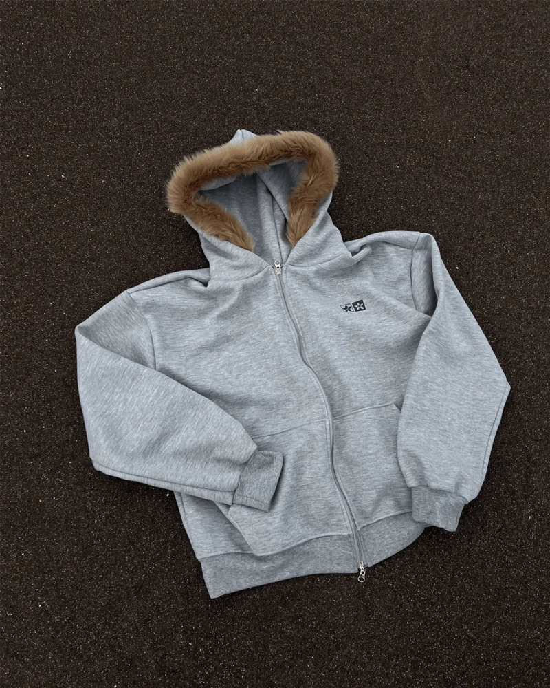 라쿤 퍼 크롭 후드집업