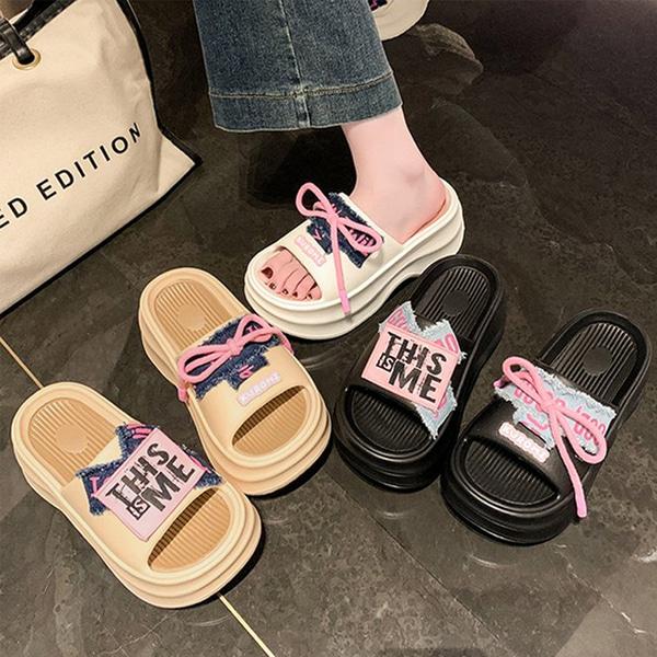 쿠로 데님 리본 플랫폼 슬리퍼