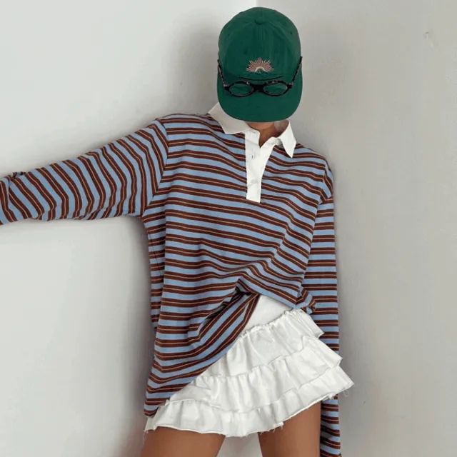 스트라이프 럭비 카라 박시 T (캐주얼 유니크 주말 여행)