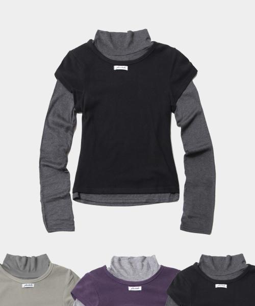 슬림핏 더블 배색 레이어드 터틀 넥 올인원 롱 슬리브 세트_3COLOR