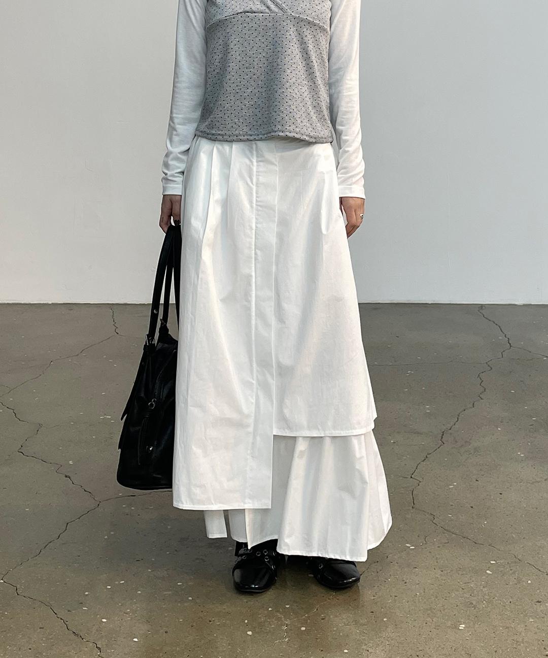 토마토스토어 [미디/롱][하객룩] 텐디 언발 뒷밴딩 플레어 미디 롱스커트